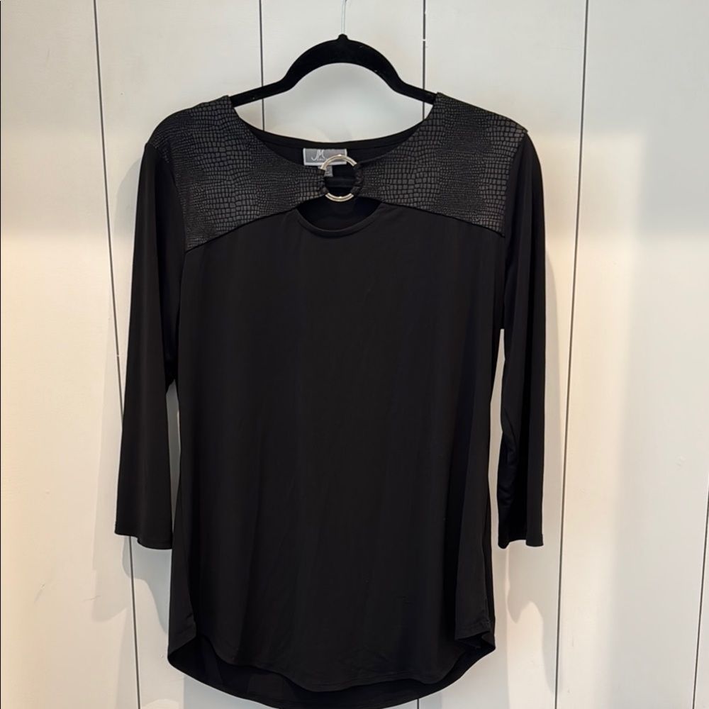JM Collection Black 3/4 Sleeve Blouse with Sheer Panel
